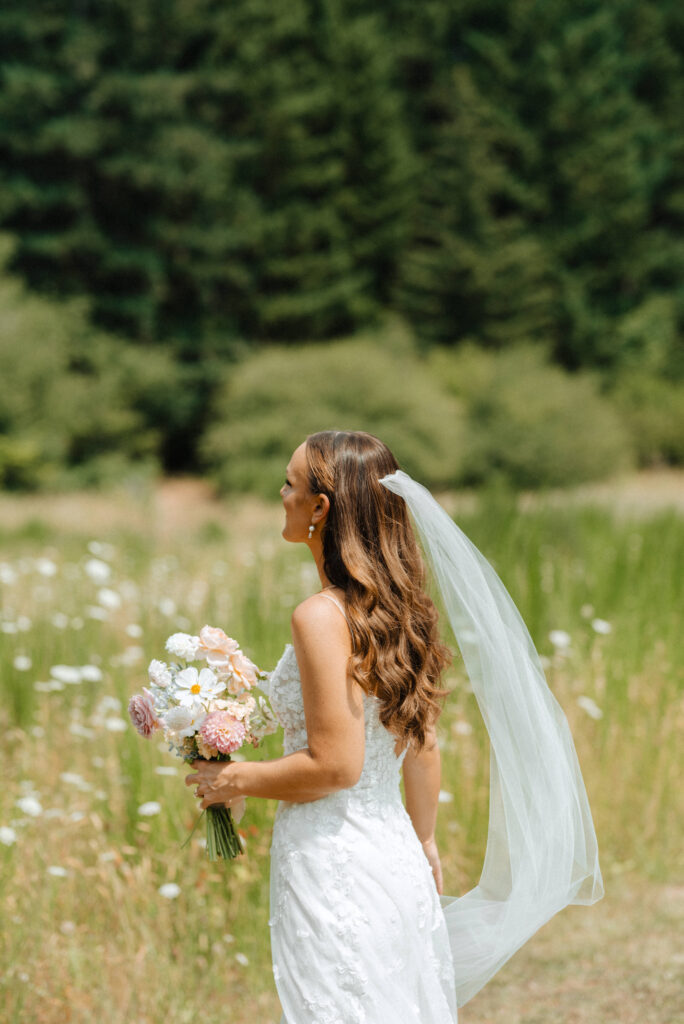 summer garden wedding in the Columbia River Gorge at Wind Mountain Ranch, bride portraits