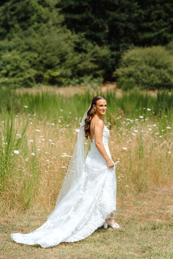 summer garden wedding in the Columbia River Gorge at Wind Mountain Ranch, bride portraits