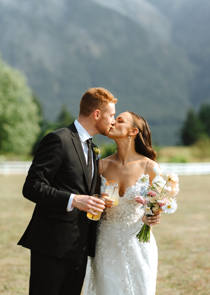 summer garden wedding in the Columbia River Gorge at Wind Mountain Ranch, bride and groom wedding portraits