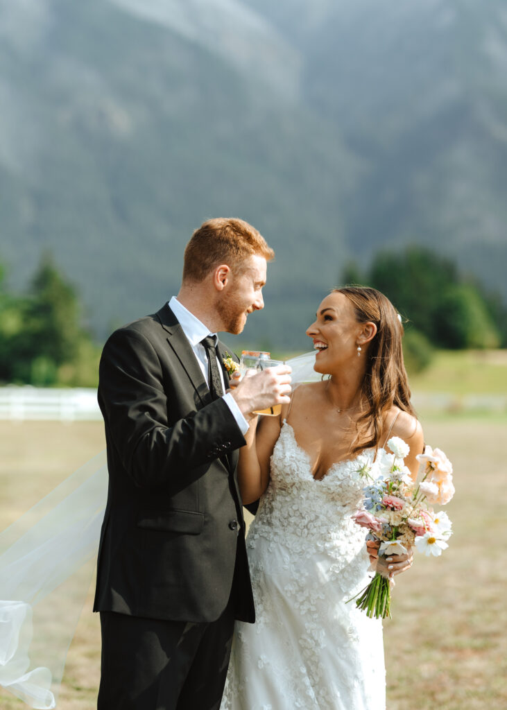 summer garden wedding in the Columbia River Gorge at Wind Mountain Ranch, bride and groom wedding portraits