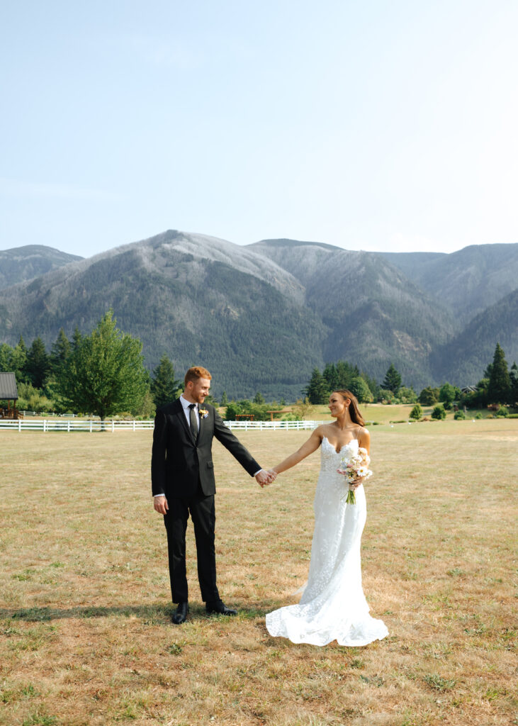 summer garden wedding in the Columbia River Gorge at Wind Mountain Ranch, bride and groom wedding portraits