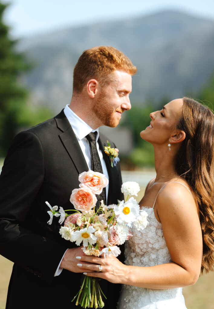 summer garden wedding in the Columbia River Gorge at Wind Mountain Ranch, bride and groom wedding portraits