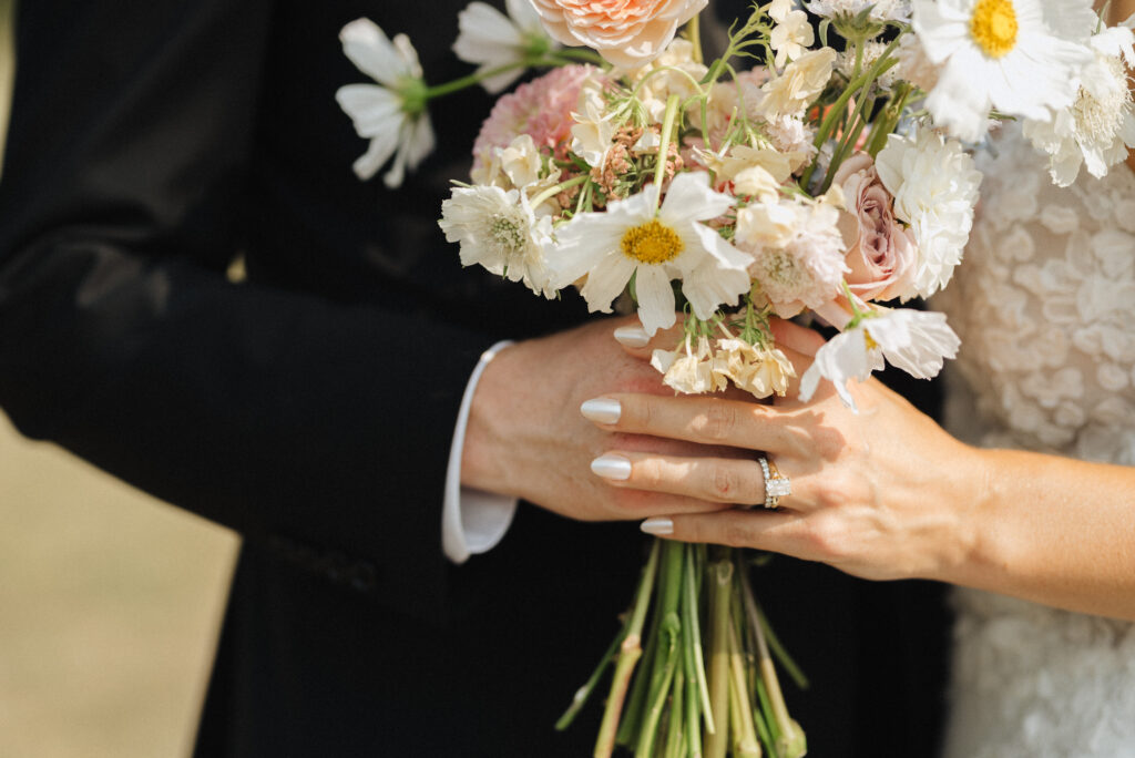 summer garden wedding in the Columbia River Gorge at Wind Mountain Ranch, bride and groom wedding portraits