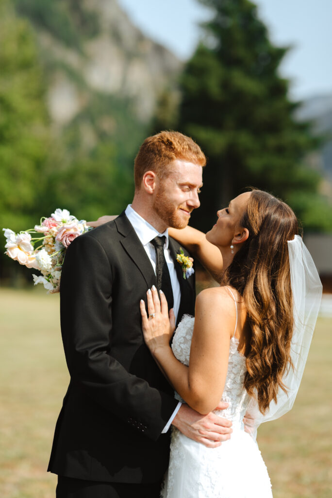 summer garden wedding in the Columbia River Gorge at Wind Mountain Ranch, bride and groom wedding portraits