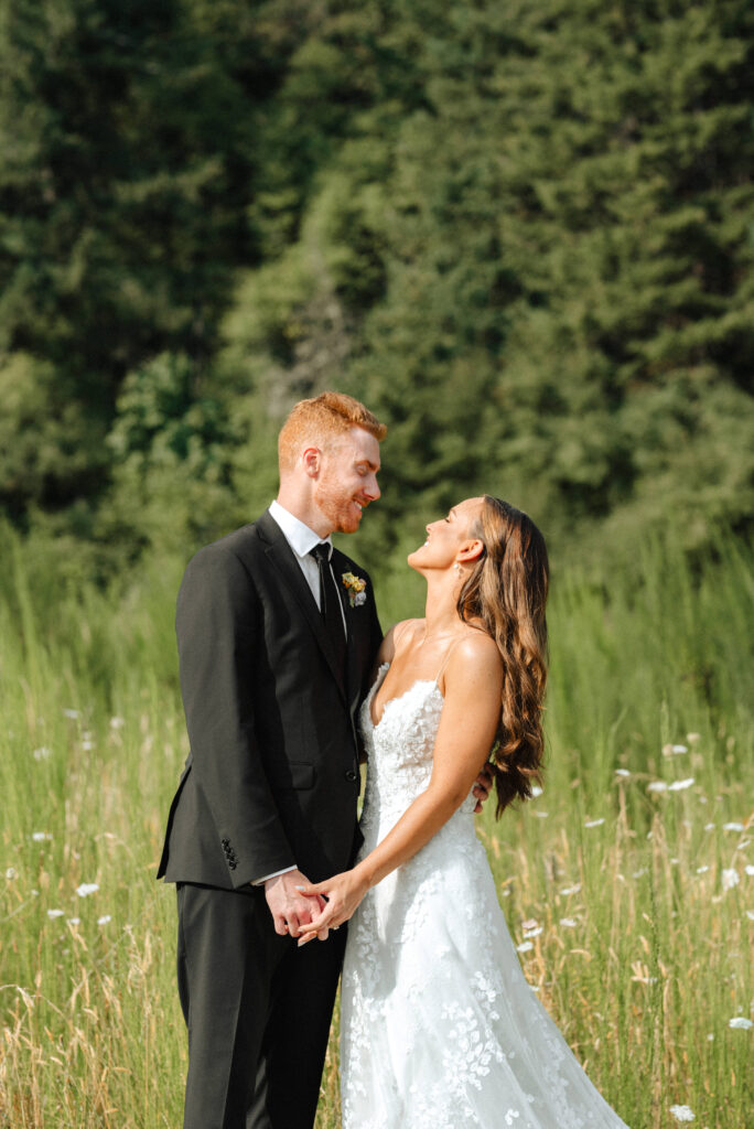 summer garden wedding in the Columbia River Gorge at Wind Mountain Ranch, bride and groom wedding portraits