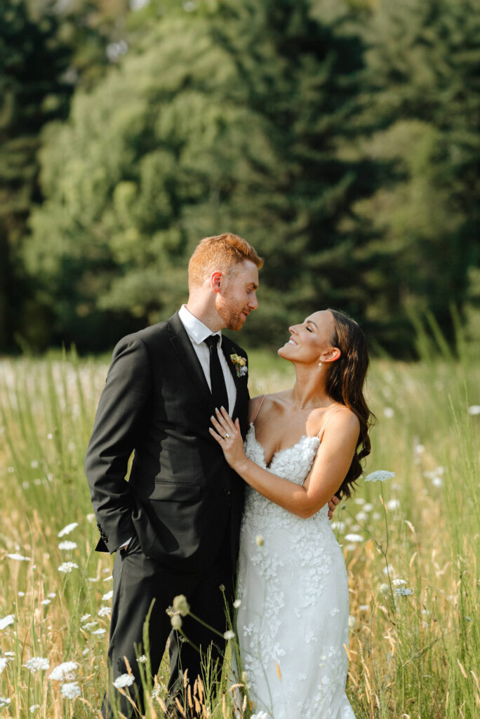 summer garden wedding in the Columbia River Gorge at Wind Mountain Ranch, bride and groom wedding portraits