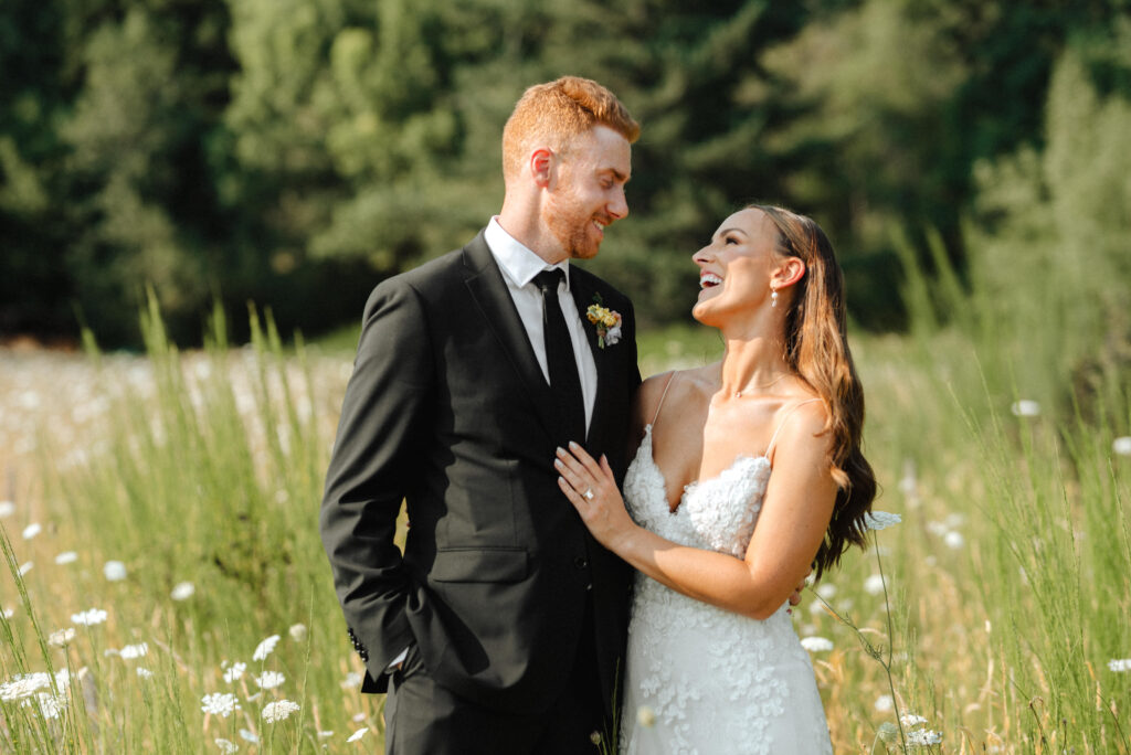 summer garden wedding in the Columbia River Gorge at Wind Mountain Ranch, bride and groom wedding portraits