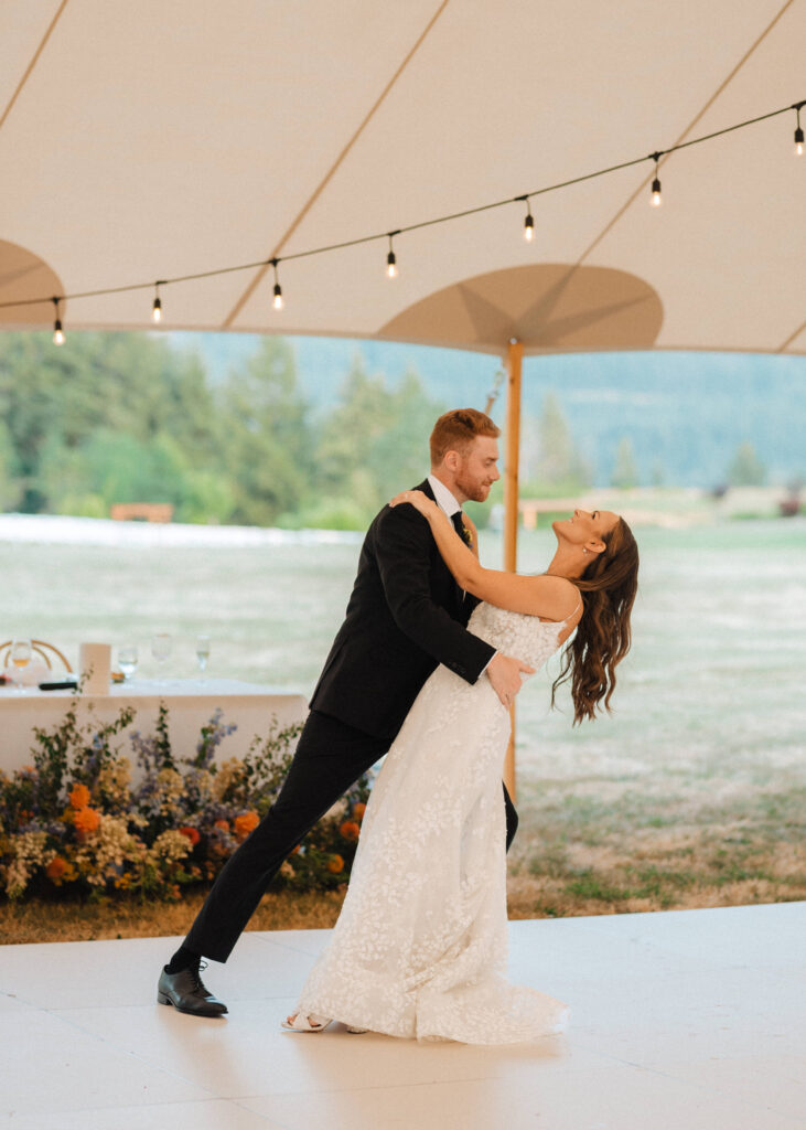 summer garden wedding in the Columbia River Gorge at Wind Mountain Ranch with a Sperry tent, bride and groom dancing