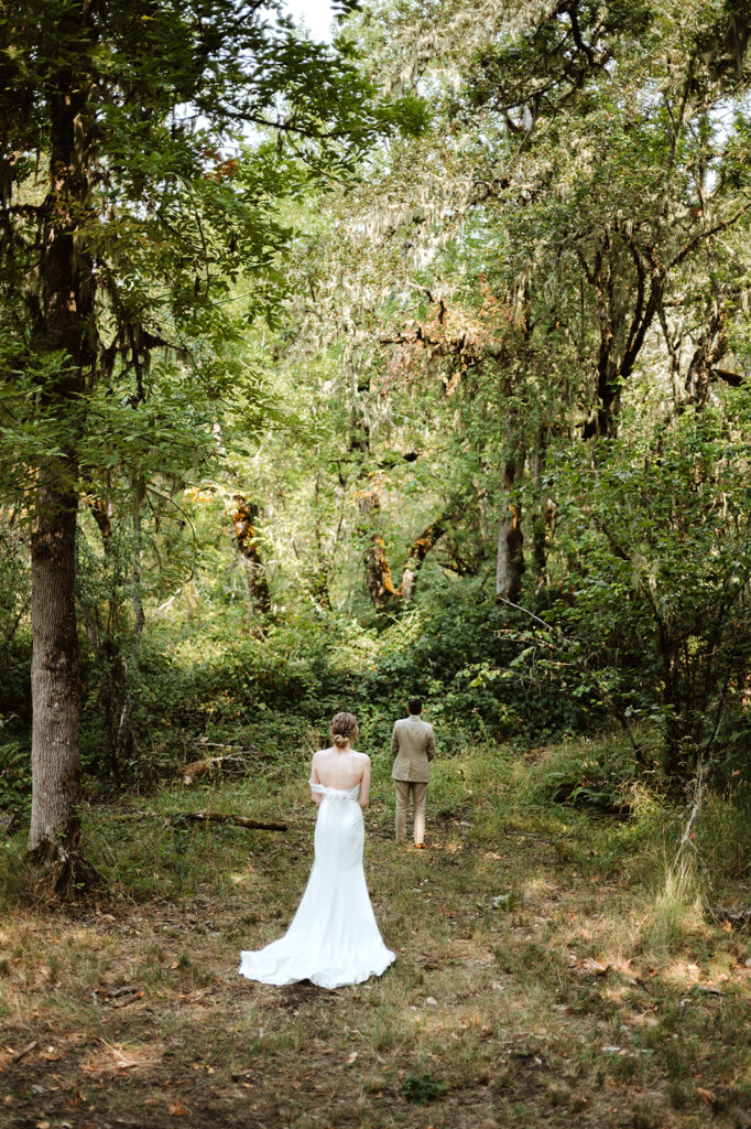 bride and groom first look in forest, wedding at mount Tom House