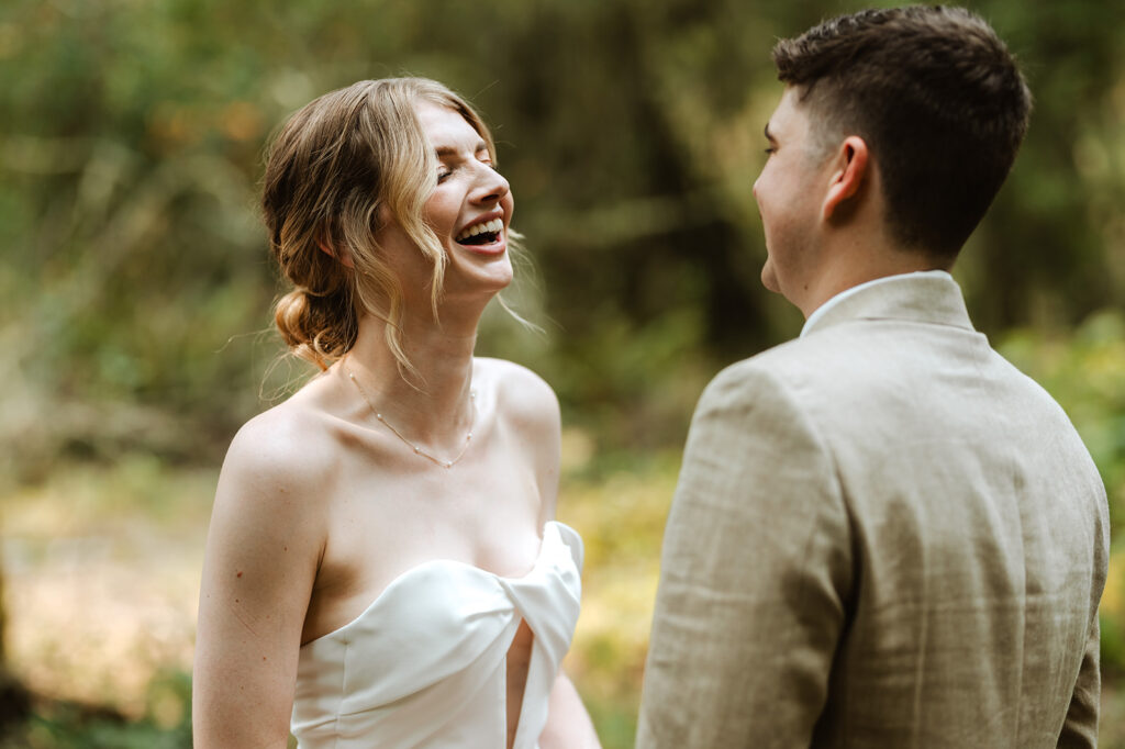 bride and groom first look in forest, wedding at mount Tom House