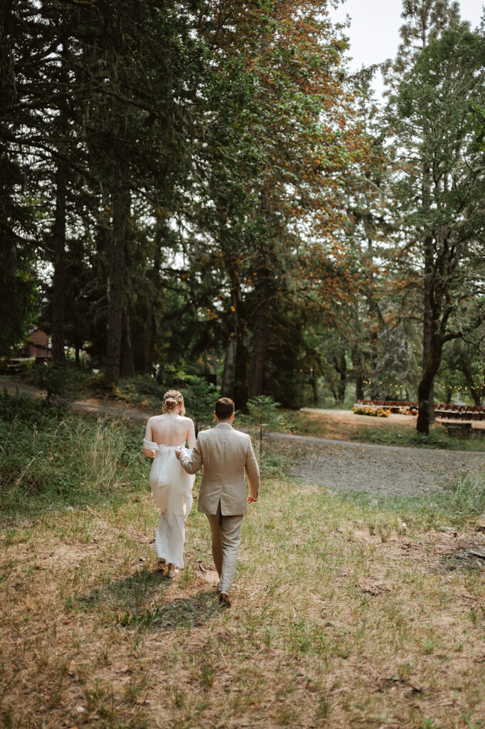 bride and groom first look in forest, wedding at mount Tom House