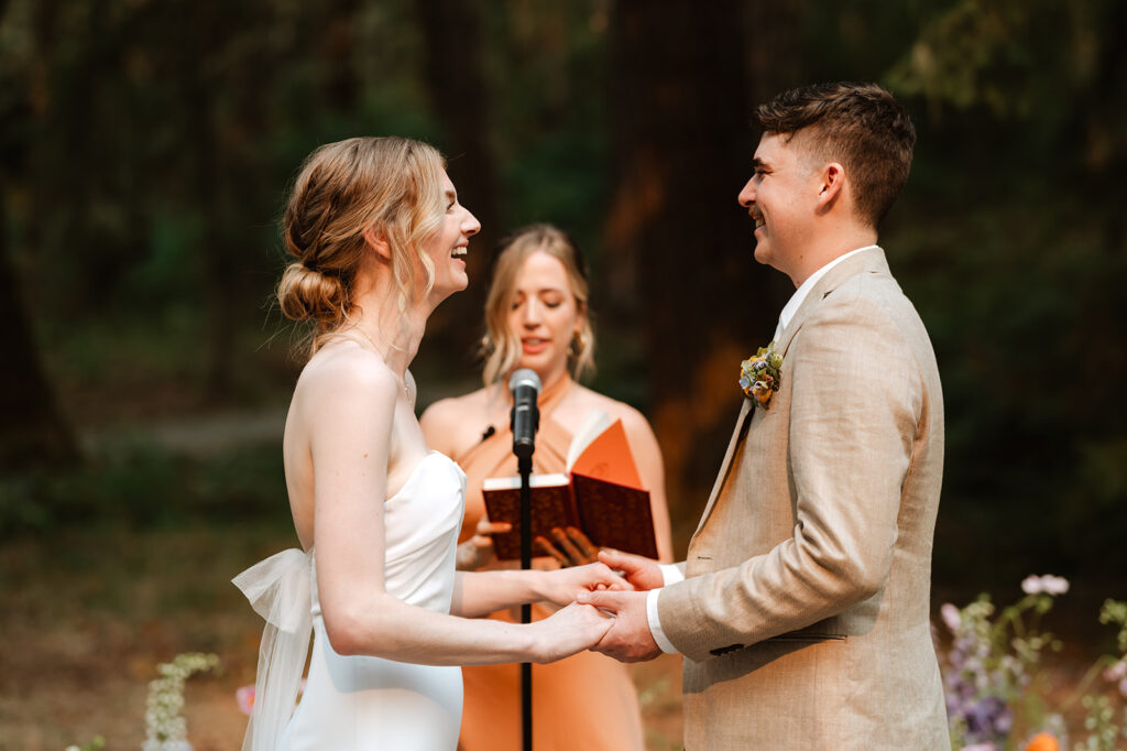 bride and groom at wedding ceremony at oregon forest wedding at mount Tom House